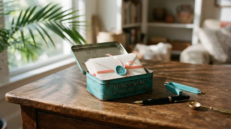 A turquoise tin on a writing desk holding a stack of cream envelopes sealed with wax, tied with a coral ribbon