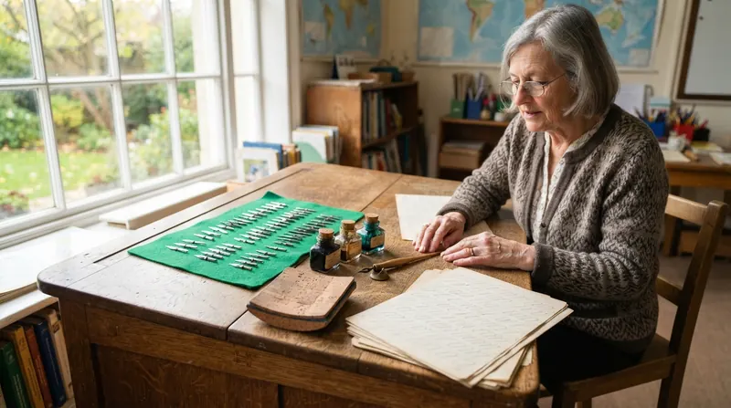 A teacher's wooden desk with rows of calligraphy nibs, glass ink bottles, a blotter and a stack of practice sheets with faint looping exercises