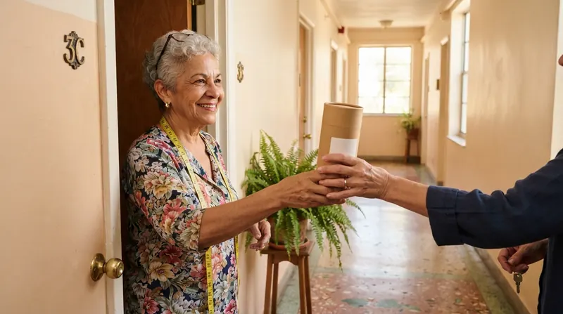 An older woman in a doorway holding out a plain kraft paper tea tube to her neighbor in a sunny apartment hallway