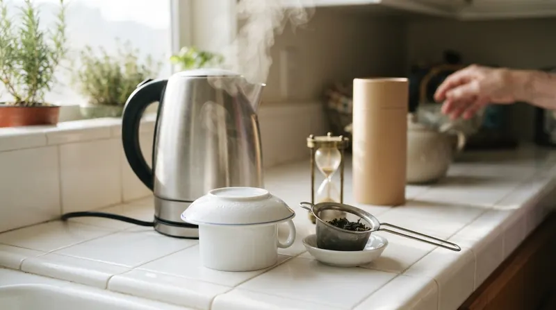 A white porcelain cup covered with a blue-bordered china saucer beside a whistling kettle and a loose-leaf infuser on a sunny counter