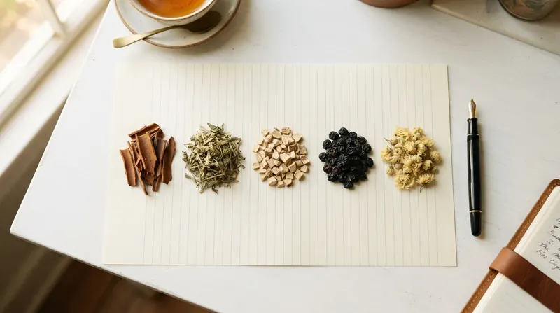 Five small piles of dried herbs on cream lined letter paper: curls of bark, pieces of vine, chunks of root, dark berries and yellow flowers
