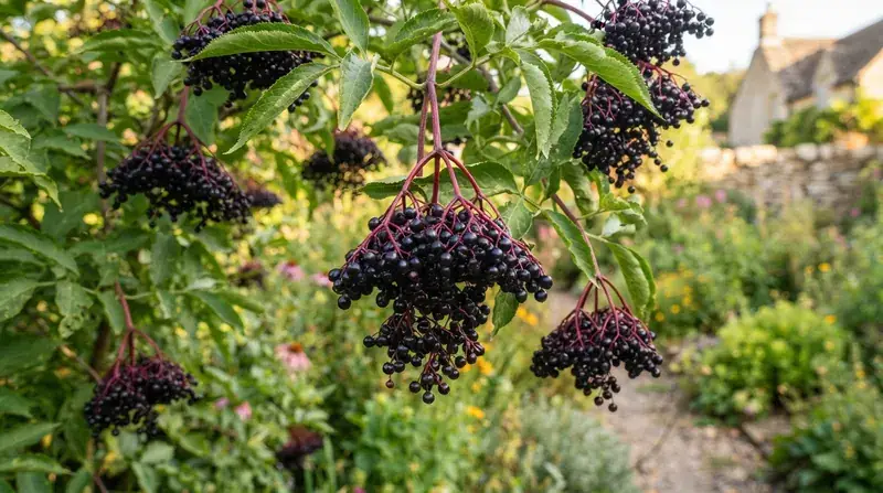 Clusters of small dark purple elderberries hanging from the branches of an elder tree in late-summer sun