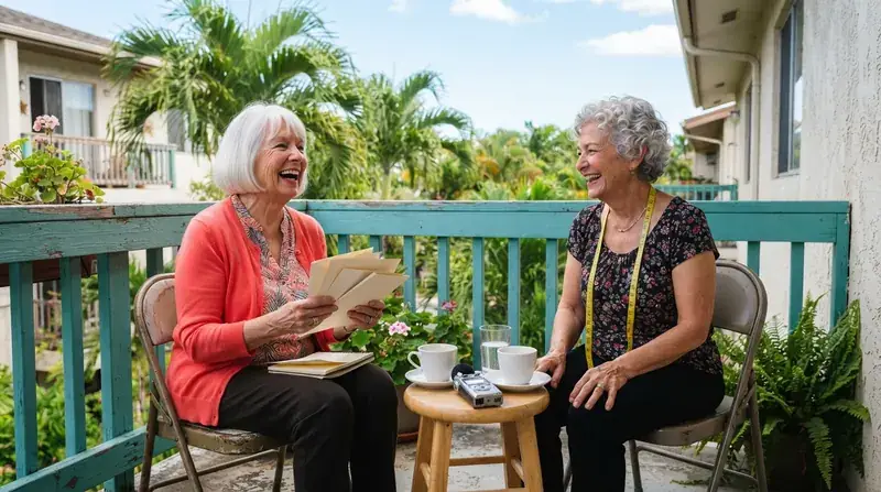 Two older women laughing on an apartment balcony with covered teacups and a small audio recorder on a stool between them