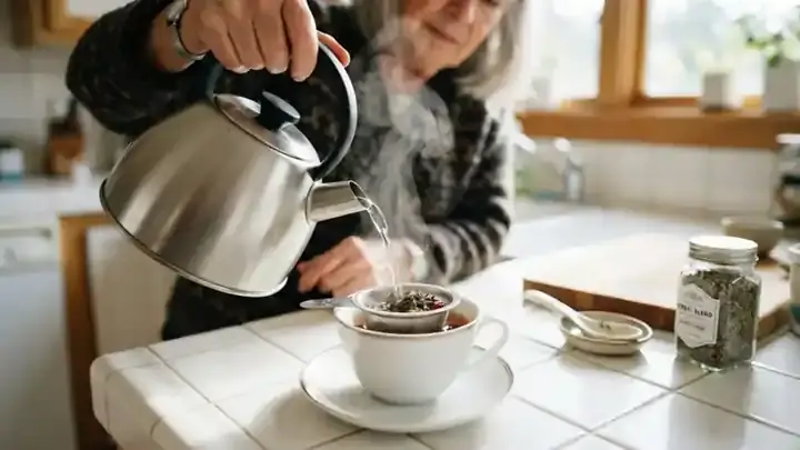 Boiling water pouring from a kettle over loose herbs in a mesh infuser inside a white cup, steam rising
