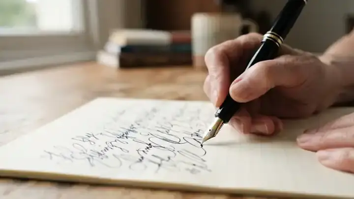 A fountain pen with a gold nib moving across cream lined paper, leaving a line of wet ink, slow close-up