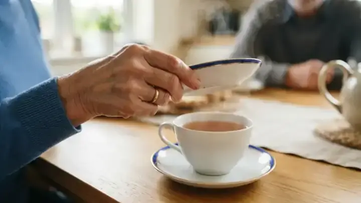 A china saucer lifted from a white teacup, releasing a soft curl of steam over amber tea, slow motion